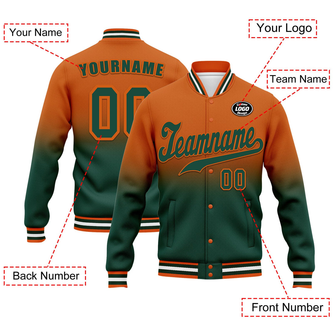 Luxury Gifts,Custom Orange Green Fade Fashion Jacket Bomber Full-Snap Varsity Letterman Personalized Jacket FZ005-D020229-17