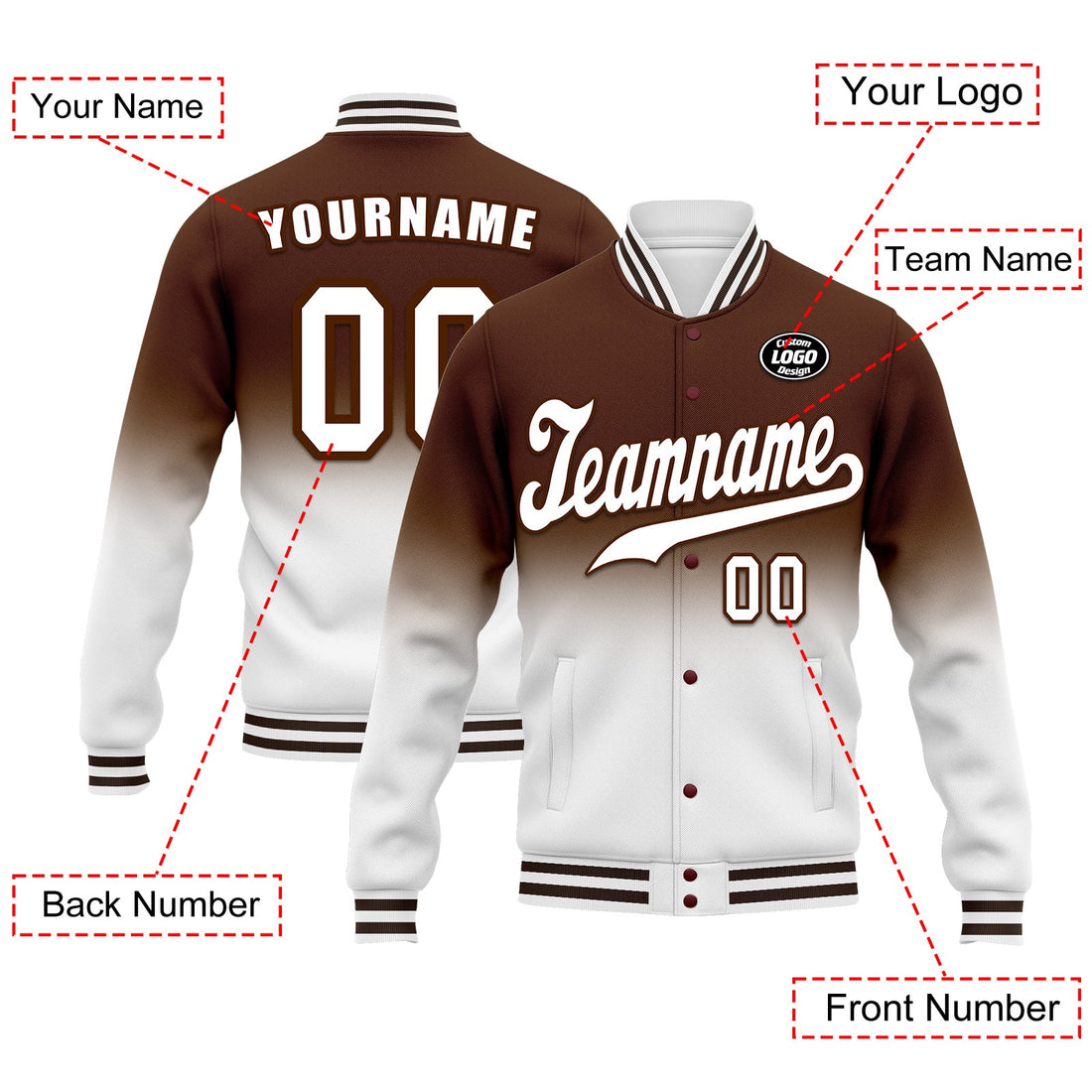 Luxury Gifts,Custom Brown White Fade Fashion Jacket Bomber Full-Snap Varsity Letterman Personalized Jacket FZ005-D020229-24