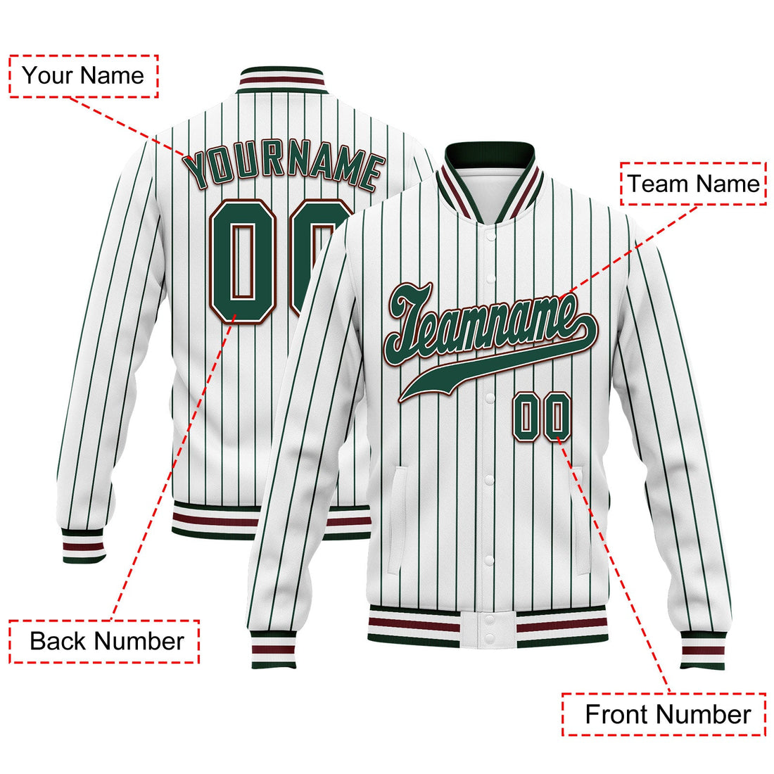 Gift Ideas,Custom White Green Stripe Fashion Jacket Bomber Full-Snap Varsity Letterman Personalized Jacket FZ005-D020219-29