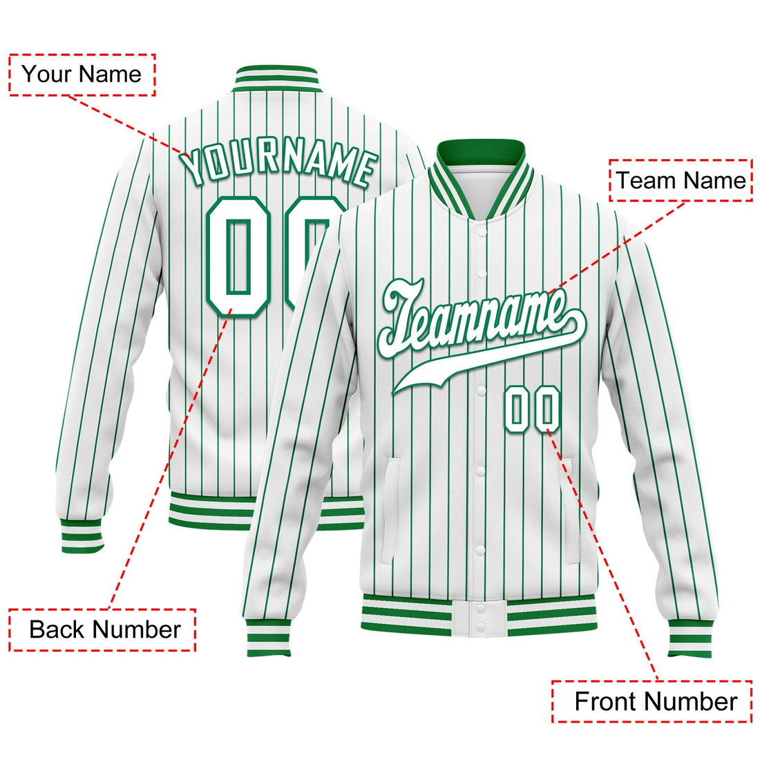 Gift Ideas,Custom White Green Stripe Fashion Jacket Bomber Full-Snap Varsity Letterman Personalized Jacket FZ005-D020219-7