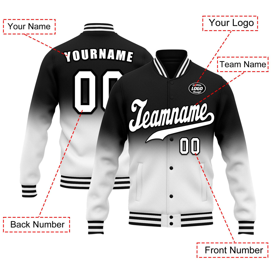 Custom Black White Fade Fashion Jacket Bomber Full-Snap Varsity Letterman Personalized Jacket FZ005-D020229-1