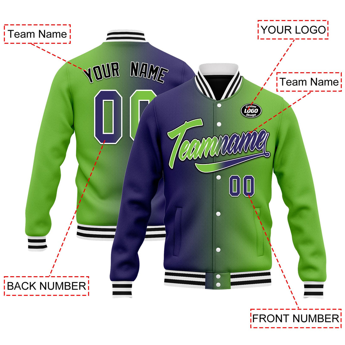 Custom Gradient Fashion Jacket Bomber Full-Snap Varsity Letterman Personalized Jacket FZ005-D028015-10