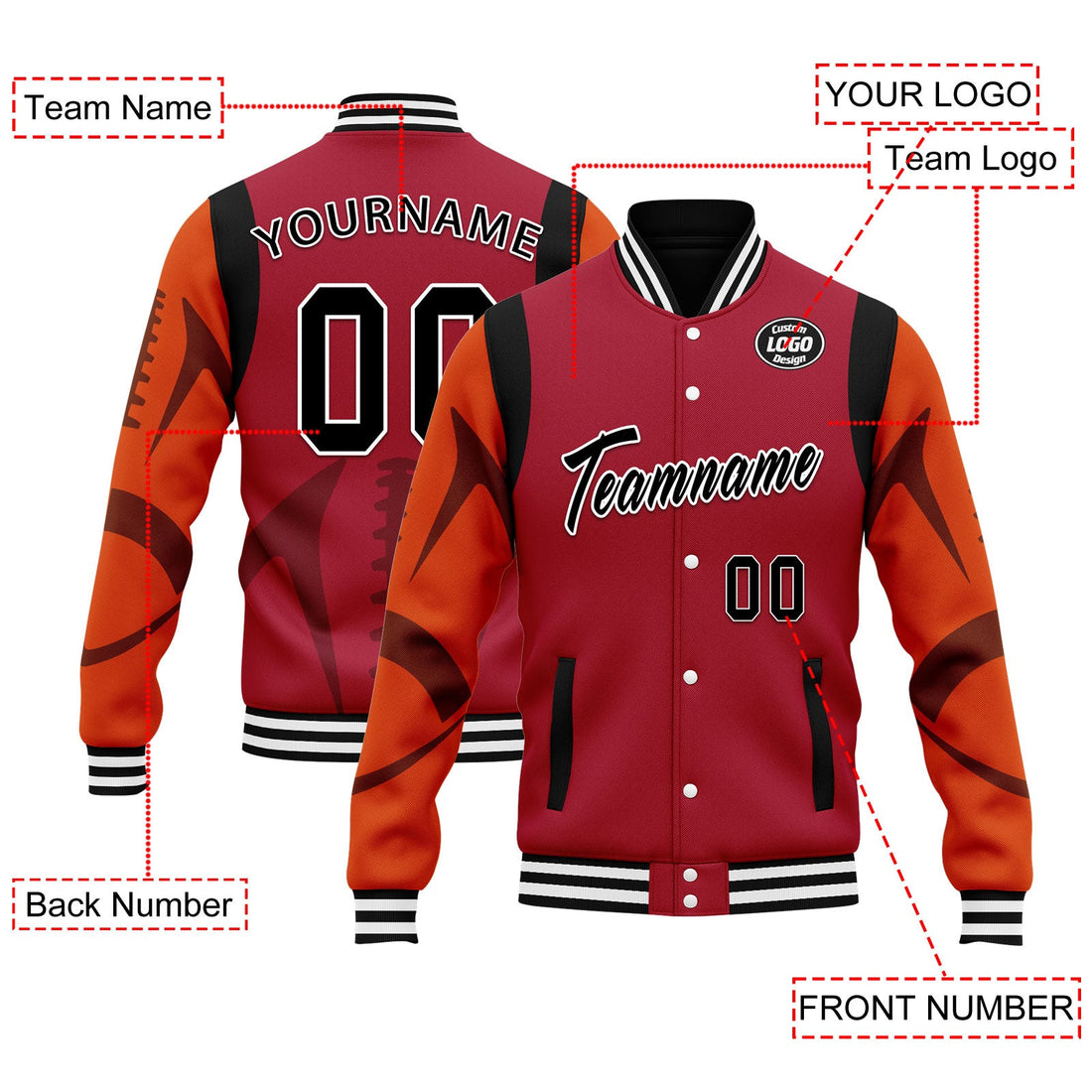 Custom Red Tampa Bay Jacket Bomber Full-Snap Varsity Letterman Personalized Jacket FZ005-D025004-28