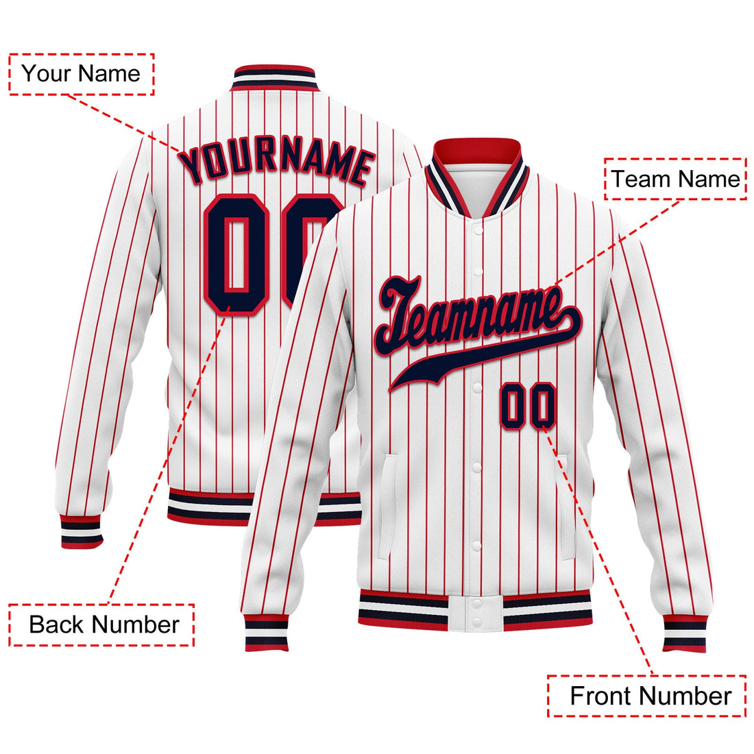 Gift Ideas,Custom Red White Stripe Fashion Jacket Bomber Full-Snap Varsity Letterman Personalized Jacket FZ005-D020219-22