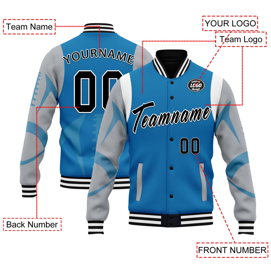 Custom Blue Detroit Jacket Bomber Full-Snap Varsity Letterman Personalized Jacket FZ005-D025004-9