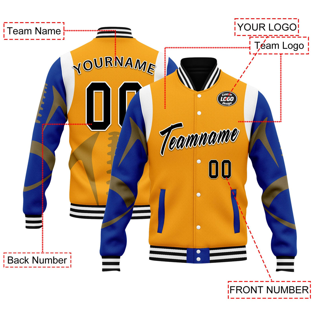 Corporate Gifts,Custom Yellow Los Angeles Jacket Bomber Full-Snap Varsity Letterman Personalized Jacket FZ005-D025004-14