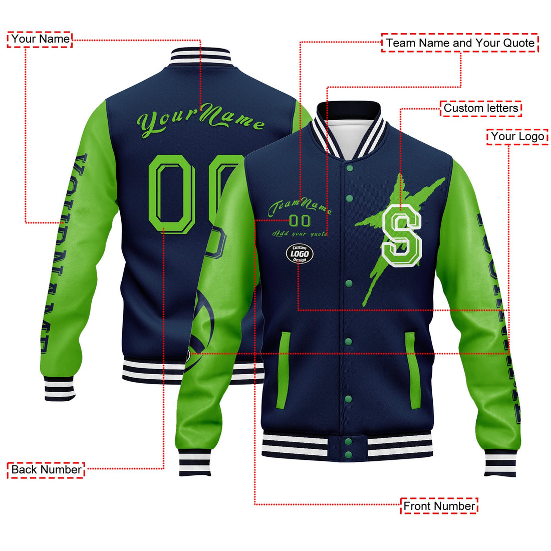 Custom Blue Green Seattle Jacket Bomber Full-Snap Varsity Letterman Personalized Jacket FZ005SX-D020290-27