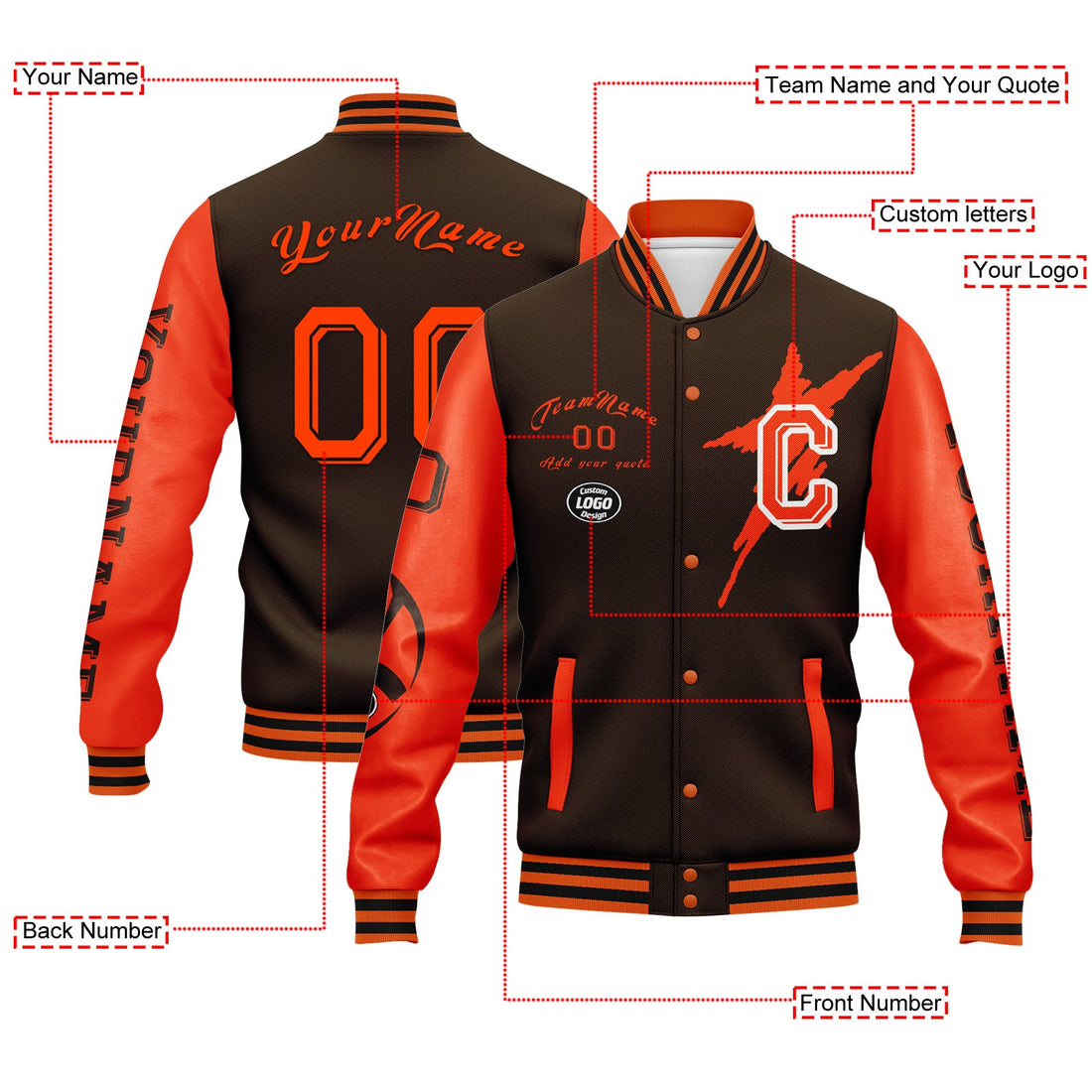 Corporate Gifts,Custom Brown Orange Cleveland Jacket Bomber Full-Snap Varsity Letterman Personalized Jacket FZ005SX-D020290-8