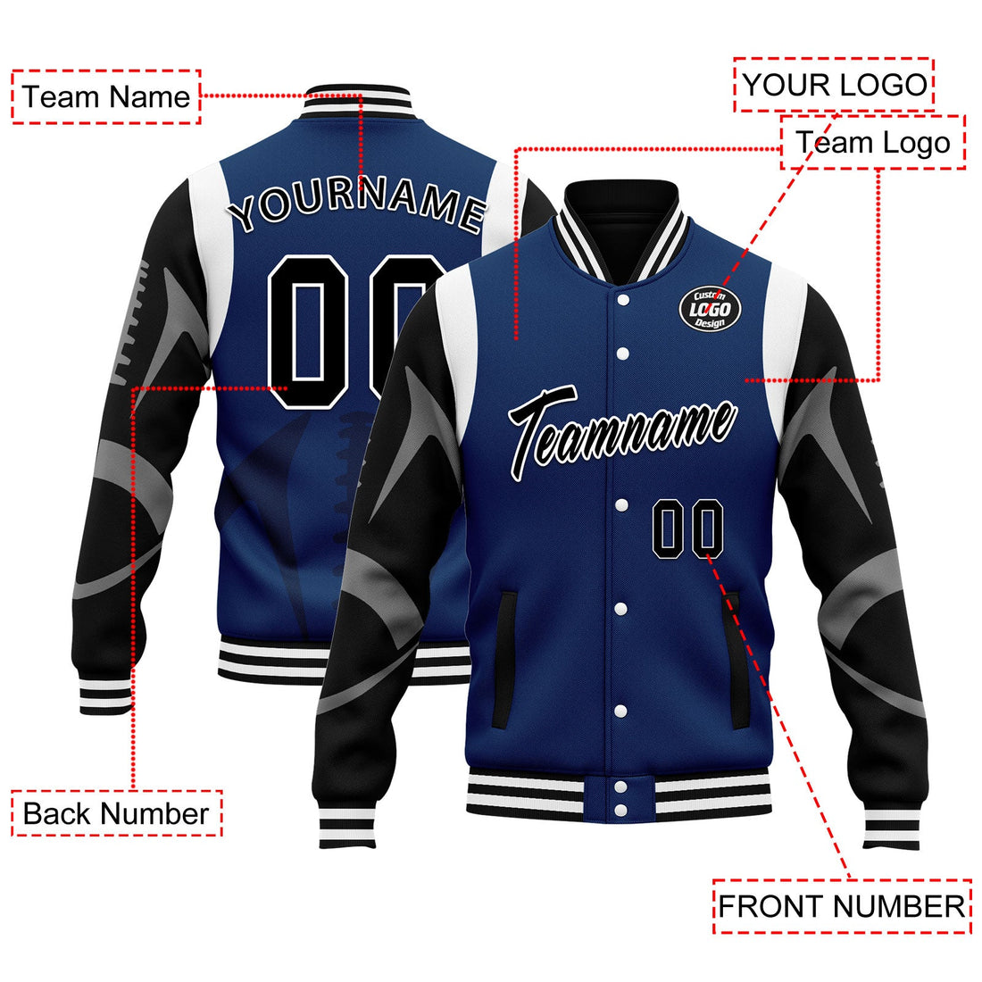 Corporate Gifts,Custom Blue Black Indianapolis Jacket Bomber Full-Snap Varsity Letterman Personalized Jacket FZ005-D025004-16