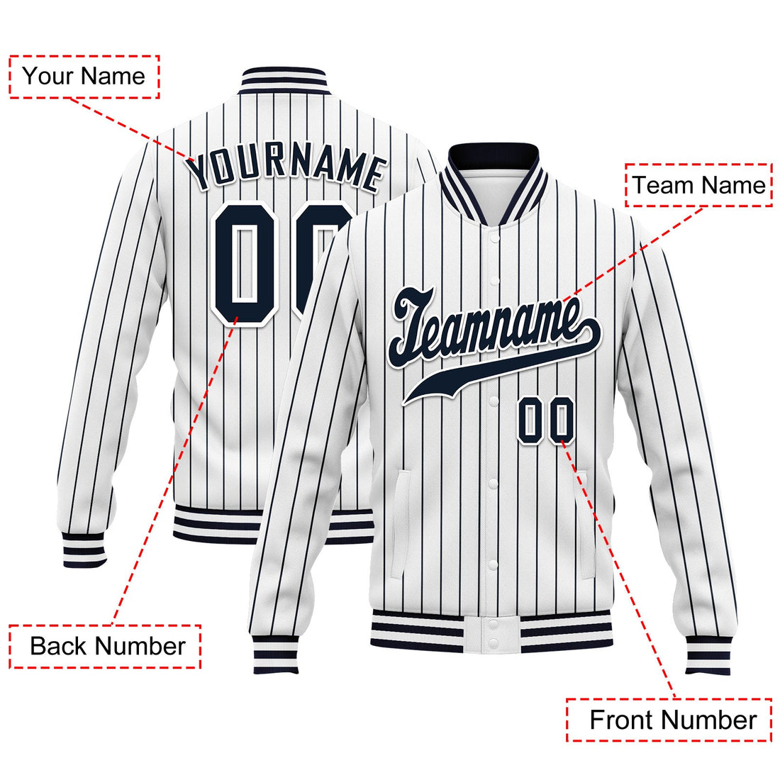 Custom White Navy Stripe Fashion Jacket Bomber Full-Snap Varsity Letterman Personalized Jacket FZ005-D020219-2