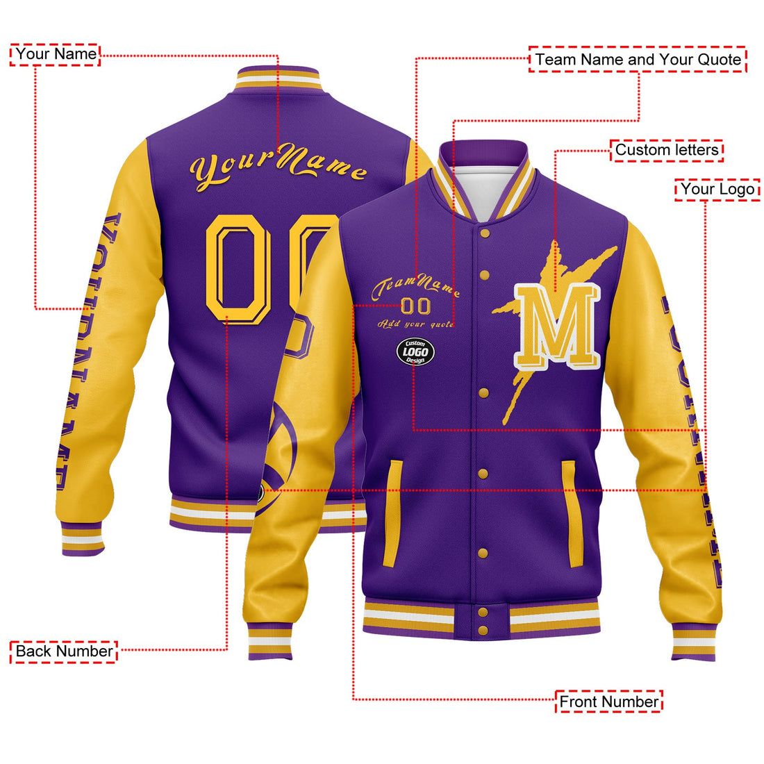 Corporate Gifts,Custom Purple Yellow Minnesota Jacket Bomber Full-Snap Varsity Letterman Personalized Jacket FZ005SX-D020290-17