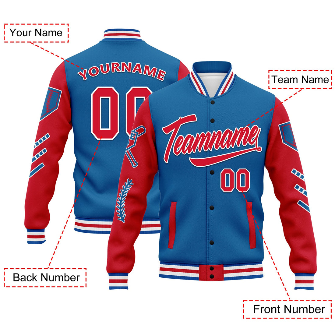 Custom Blue Red Raglan Sleeves Jacket Bomber Full-Snap Varsity Letterman Personalized Jacket FZ005-D023002-4