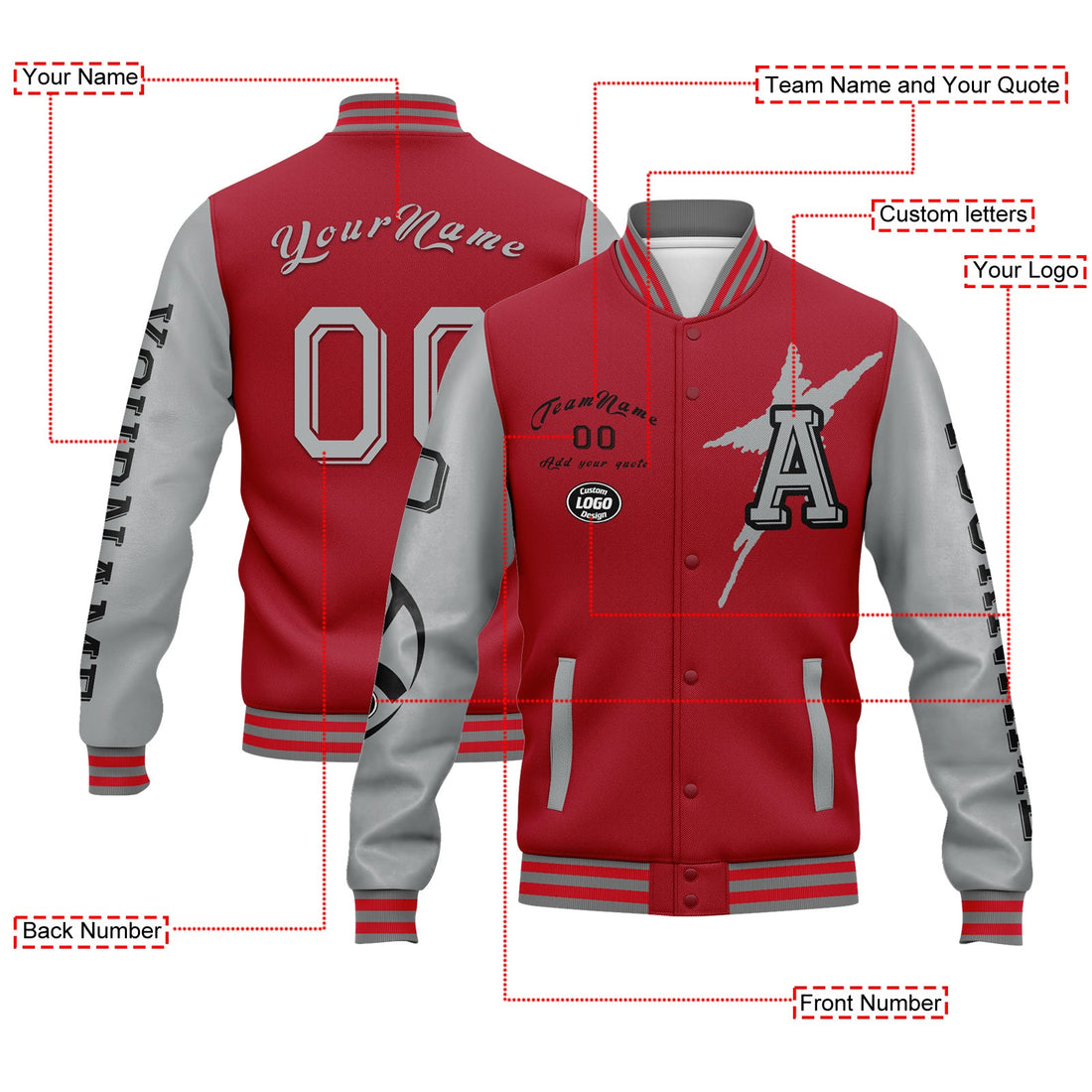 Custom Red Gray Atlanta Jacket Bomber Full-Snap Varsity Letterman Personalized Jacket FZ005SX-D020290-3