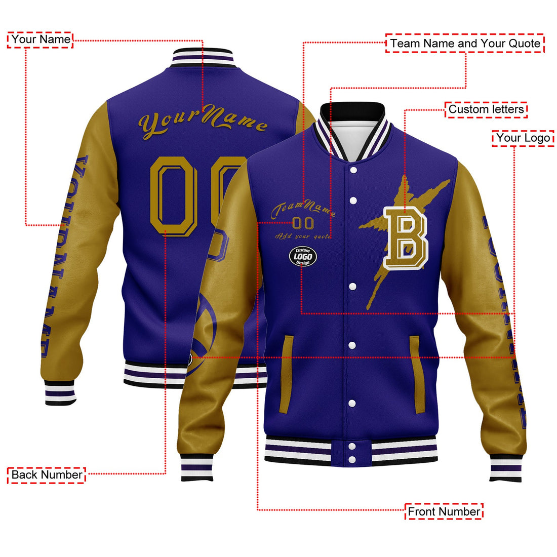 Corporate Gifts,Custom Purple Yellow Baltimore Jacket Bomber Full-Snap Varsity Letterman Personalized Jacket FZ005SX-D020290-2