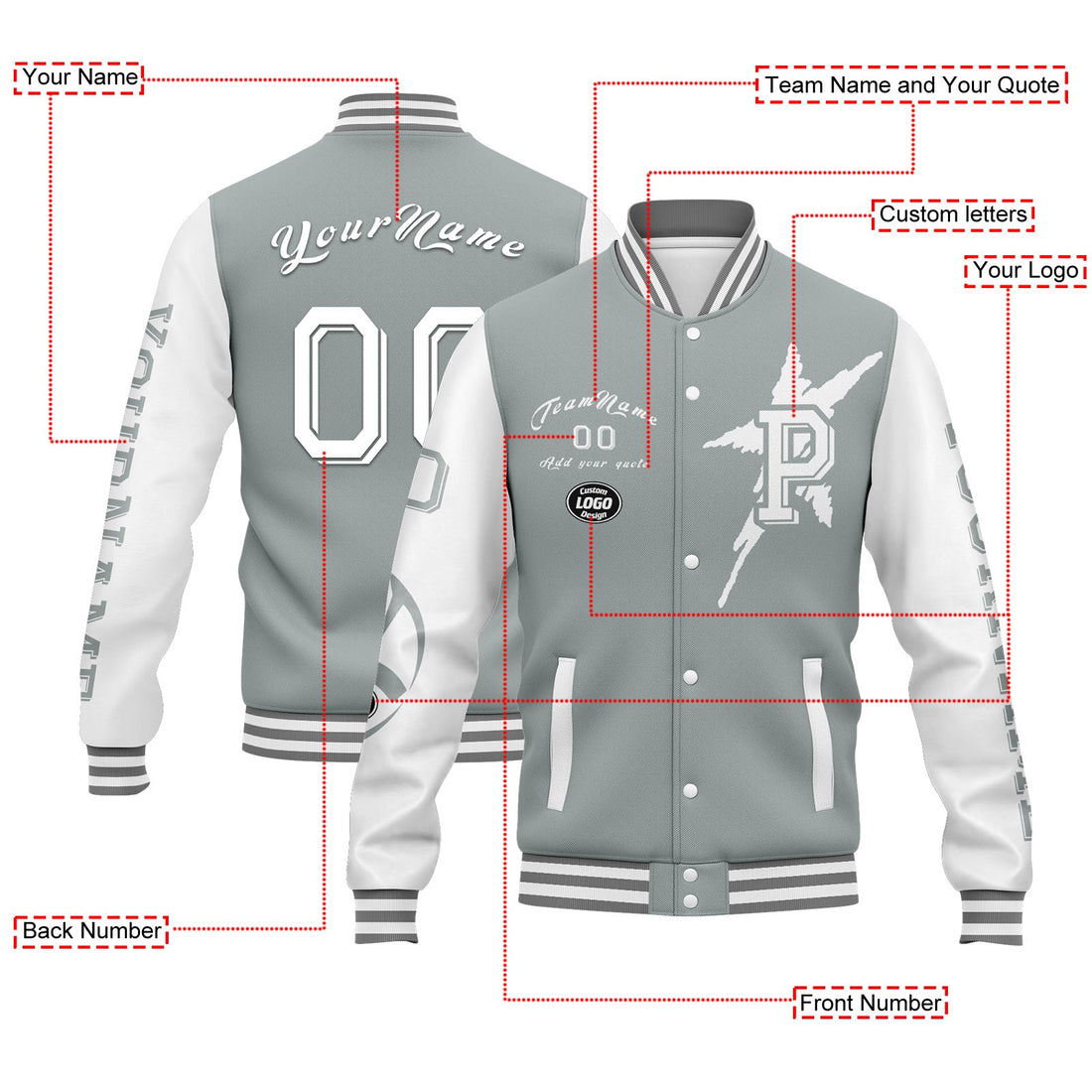 Custom Gray White Pittsburgh Jacket Bomber Full-Snap Varsity Letterman Personalized Jacket FZ005SX-D020290-30