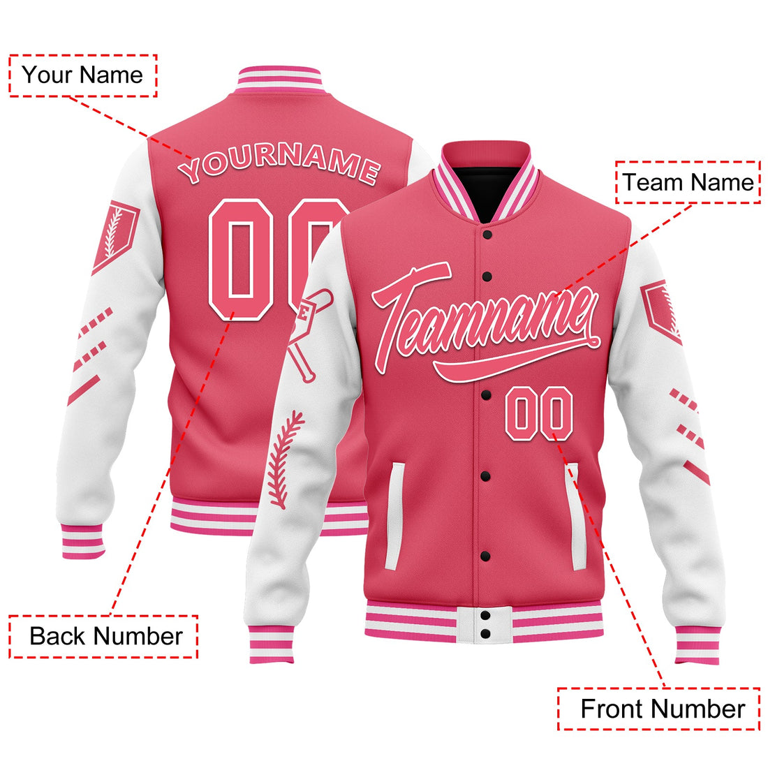 Gift Ideas,Custom Pink White Raglan Sleeves Jacket Bomber Full-Snap Varsity Letterman Personalized Jacket FZ005-D023002-7