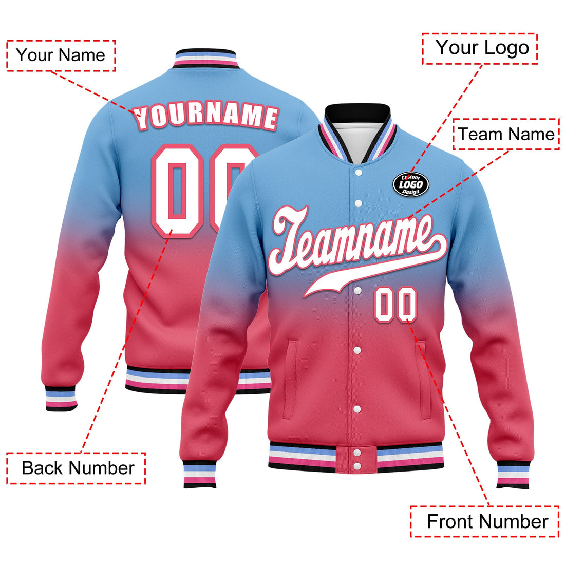 Luxury Gifts,Custom Blue Pink Fade Fashion Jacket Bomber Full-Snap Varsity Letterman Personalized Jacket FZ005-D020229-30