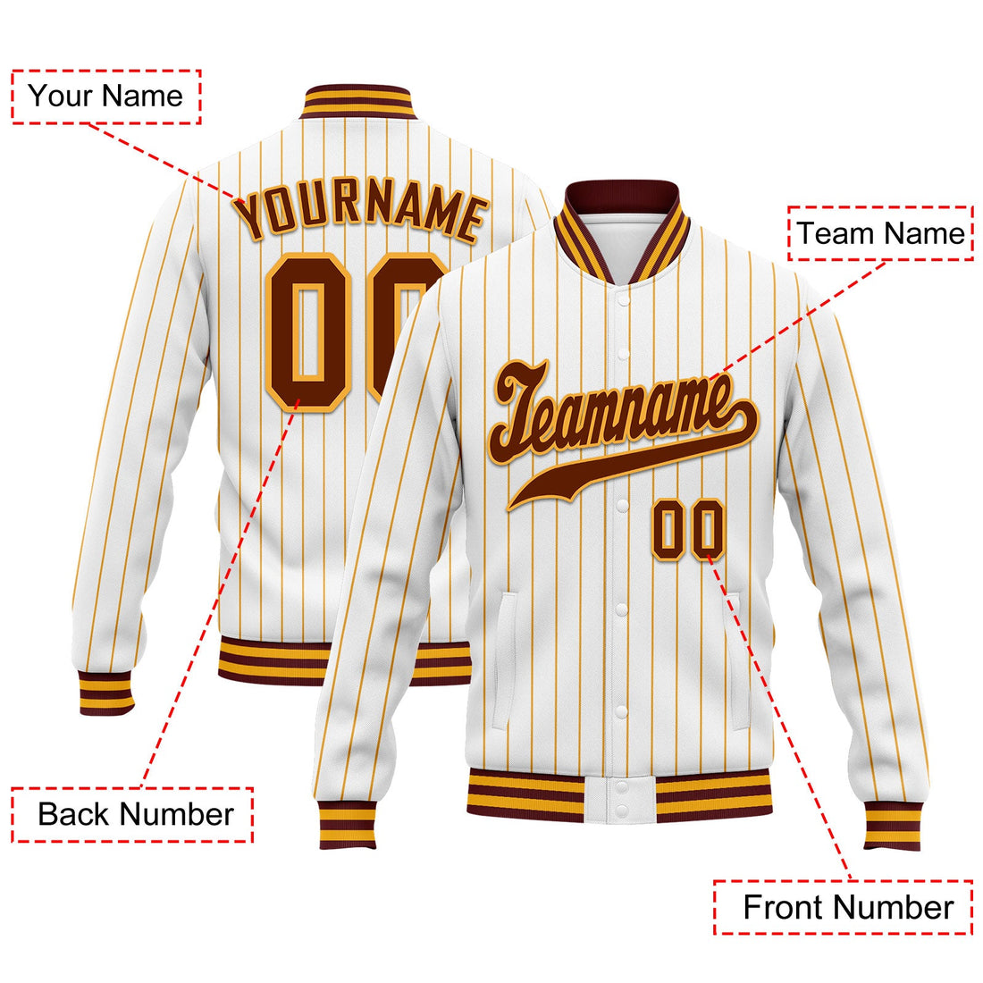 Gift Ideas,Custom White Yellow Stripe Fashion Jacket Bomber Full-Snap Varsity Letterman Personalized Jacket FZ005-D020219-14