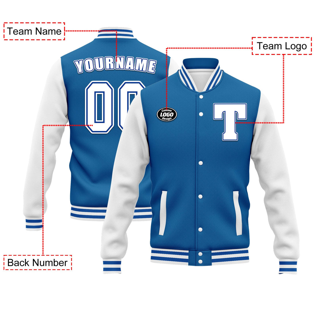 Custom Blue White Jacket Bomber Full-Snap Varsity Letterman Personalized Jacket FZ005-D020255-11