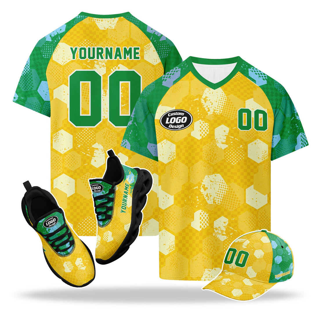 Custom 2026 World Cup Brazil High Quality Soccer Stadium Version Jersey Sneakers Sports Shoes and Hat Combo Offer Personalized Team Name and Logo ZH-F027089-3