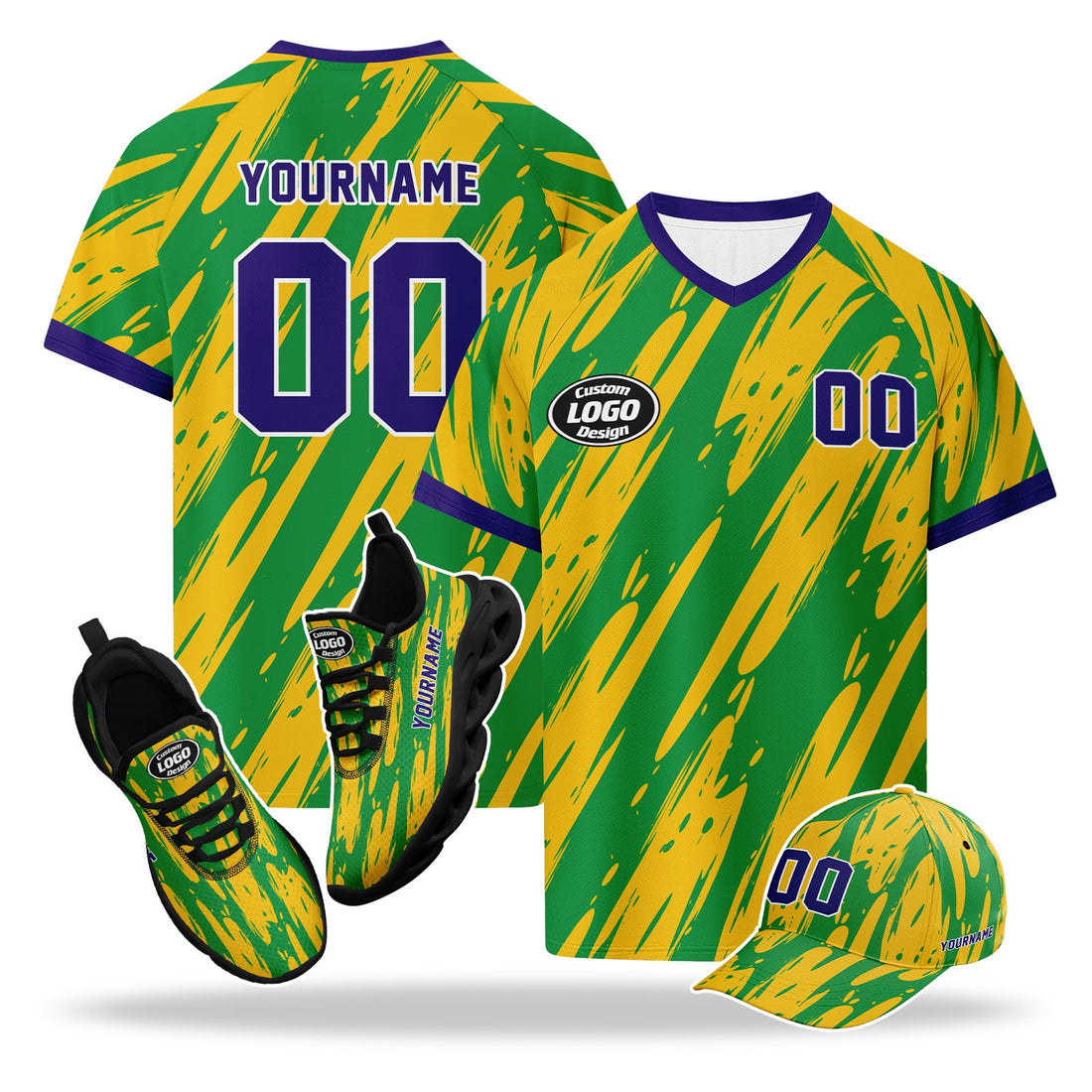 Custom 2026 World Cup Brazil High Quality Soccer Stadium Version Jersey Sneakers Sports Shoes and Hat Combo Offer Personalized Team Name and Logo ZH-F027089-1