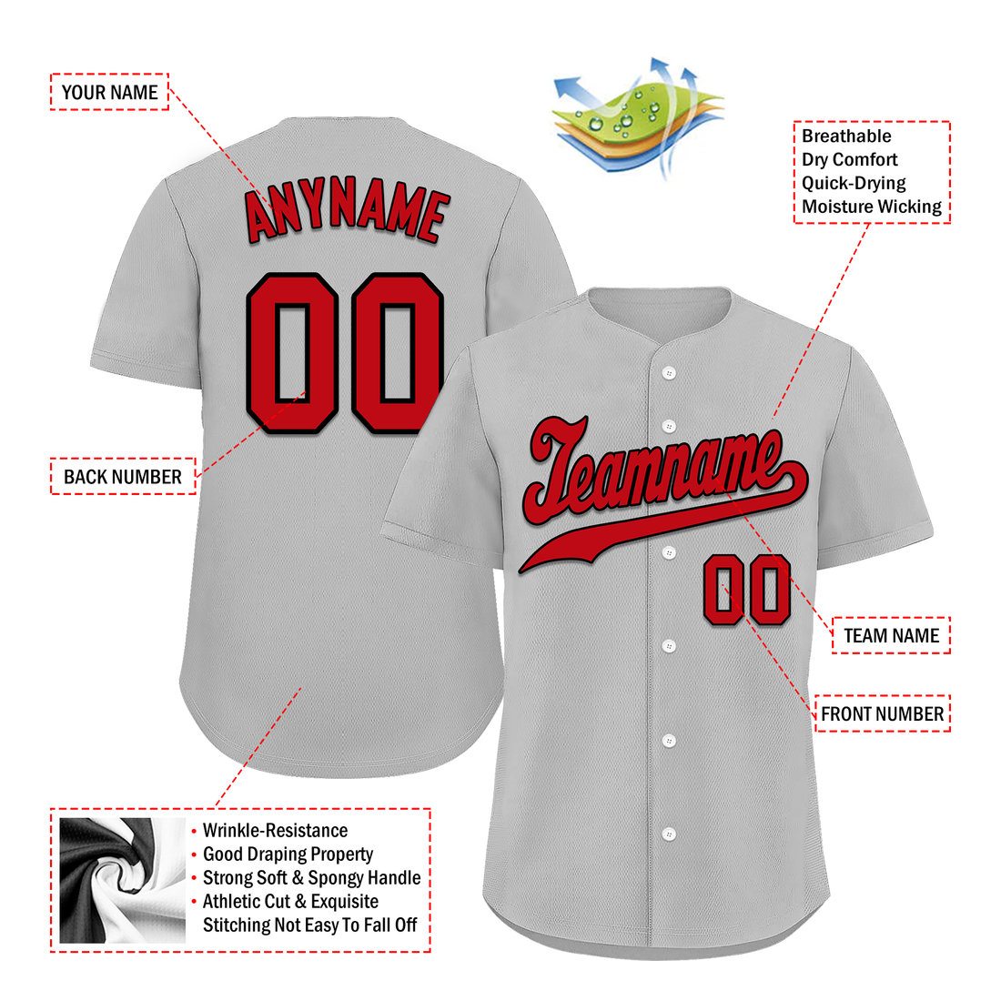 Unique Gift,Custom Grey Classic Style Red Personalized Authentic Baseball Jersey BSBJ01-bd0fae0