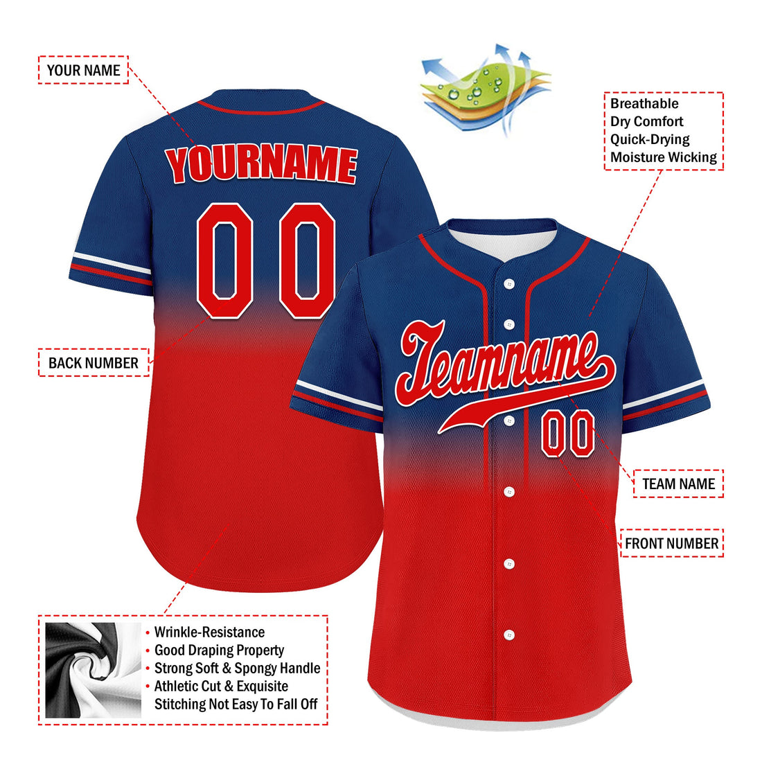 Custom Blue Red Fade Fashion Personalized Authentic Baseball Jersey UN002-bd0b007b-f