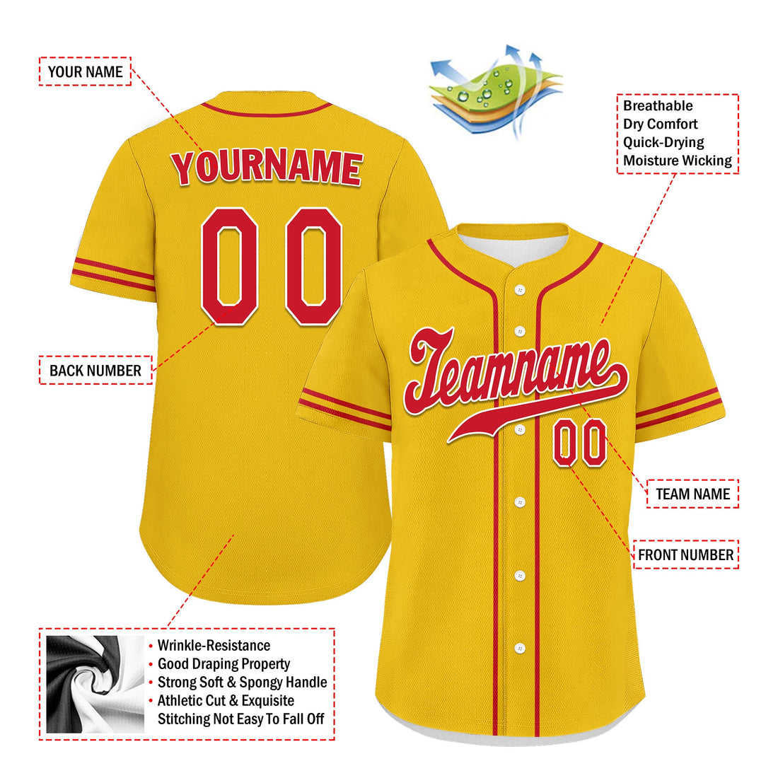 Unique Gift,Custom Yellow Classic Style Red Personalized Authentic Baseball Jersey UN002-bd0b00d8-8