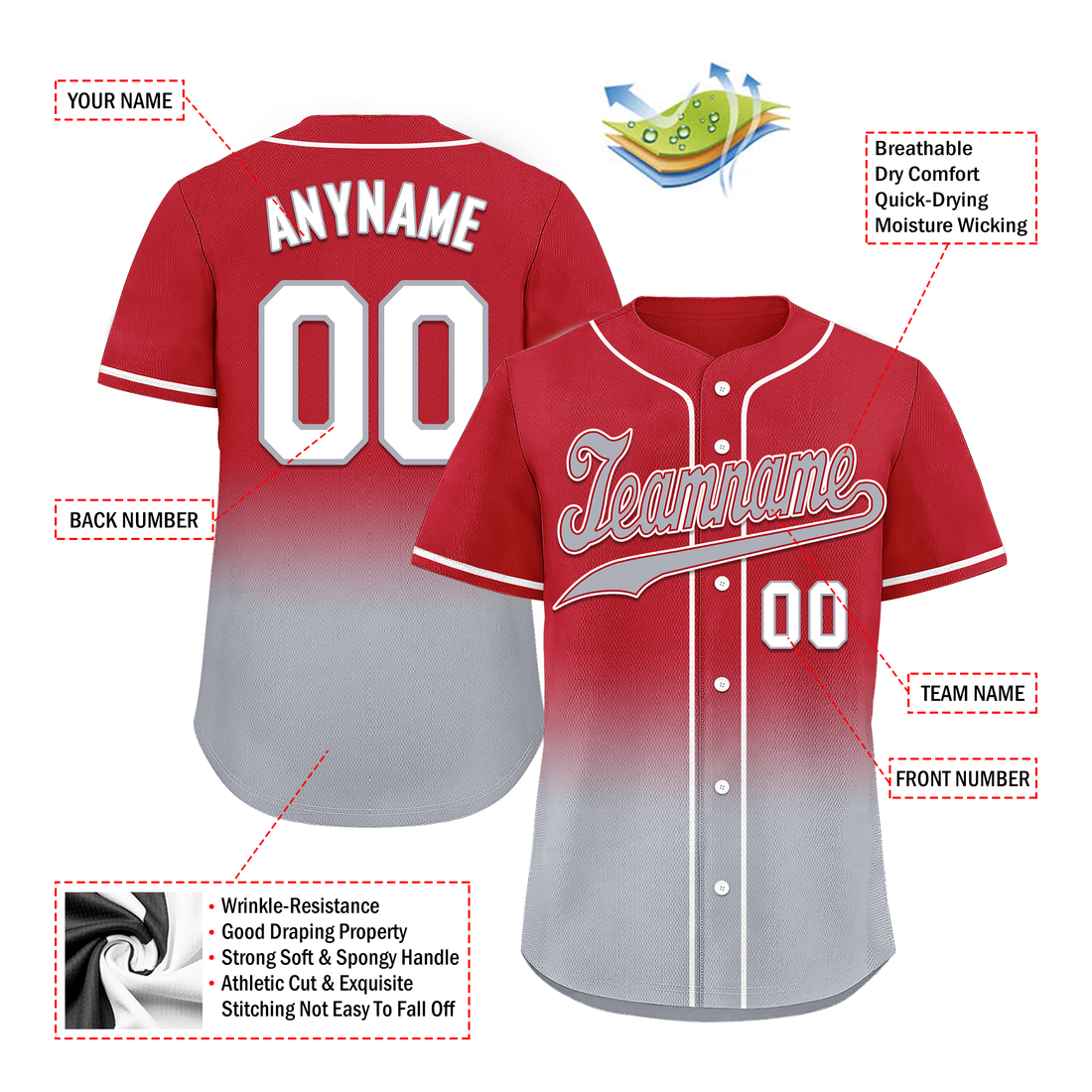 Custom Red Grey Fade Fashion Personalized Authentic Baseball Jersey BSBJ01-D0a70bb