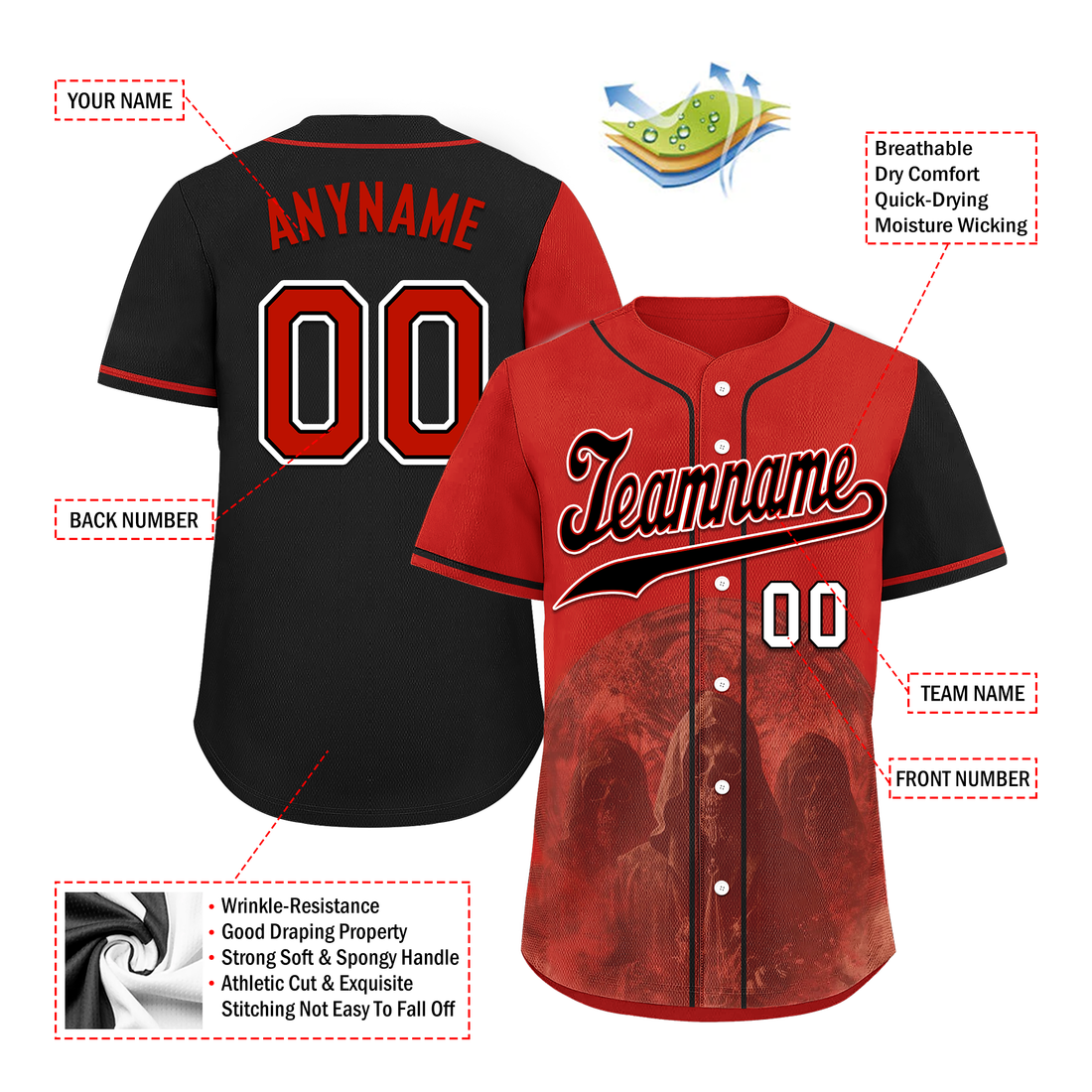 Corporate Gifts,Custom Red Black Skull Fashion Personalized Authentic Baseball Jersey BSBJ01-D017158