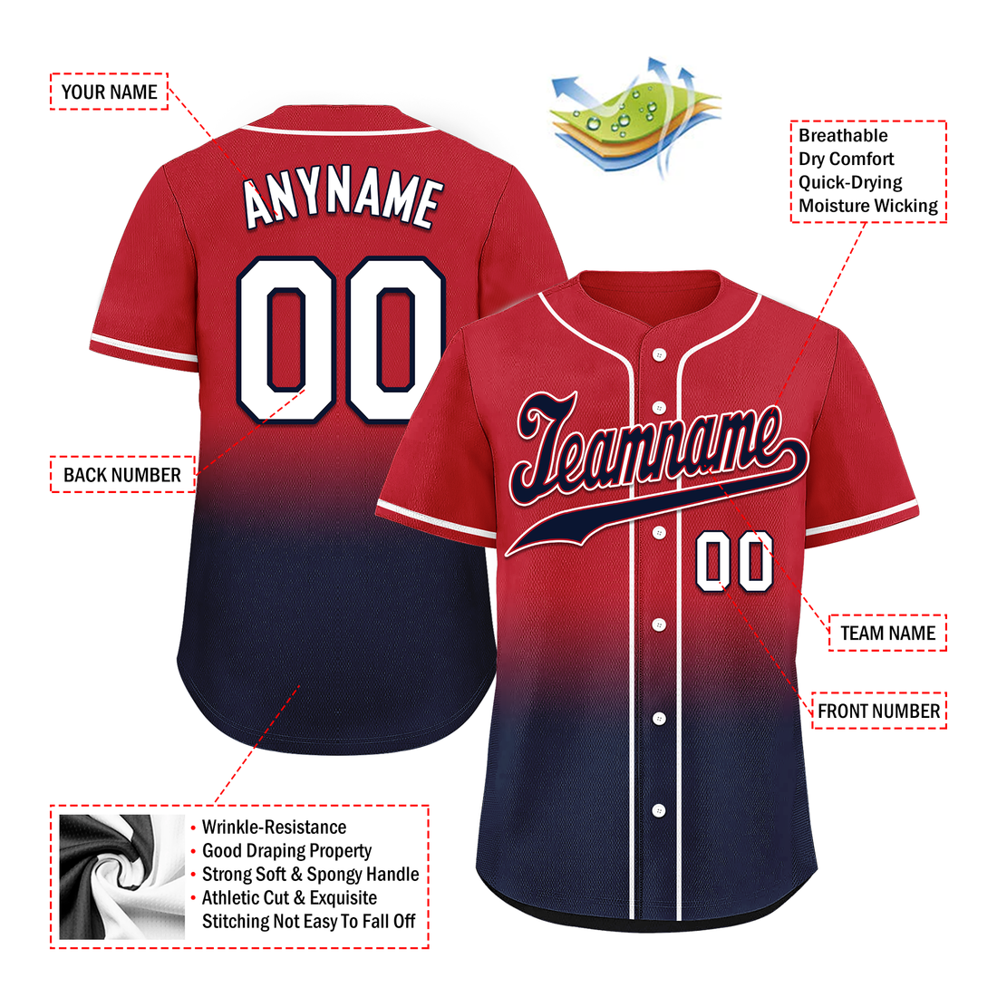 Custom Red Blue Fade Fashion Personalized Authentic Baseball Jersey BSBJ01-D0a70bc
