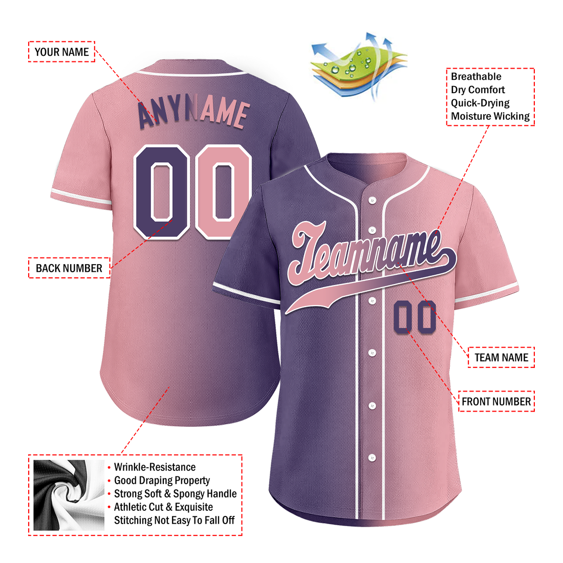 Custom Purple Pink Gradient Fashion Personalized Authentic Baseball Jersey BSBJ01-D0a7a0e