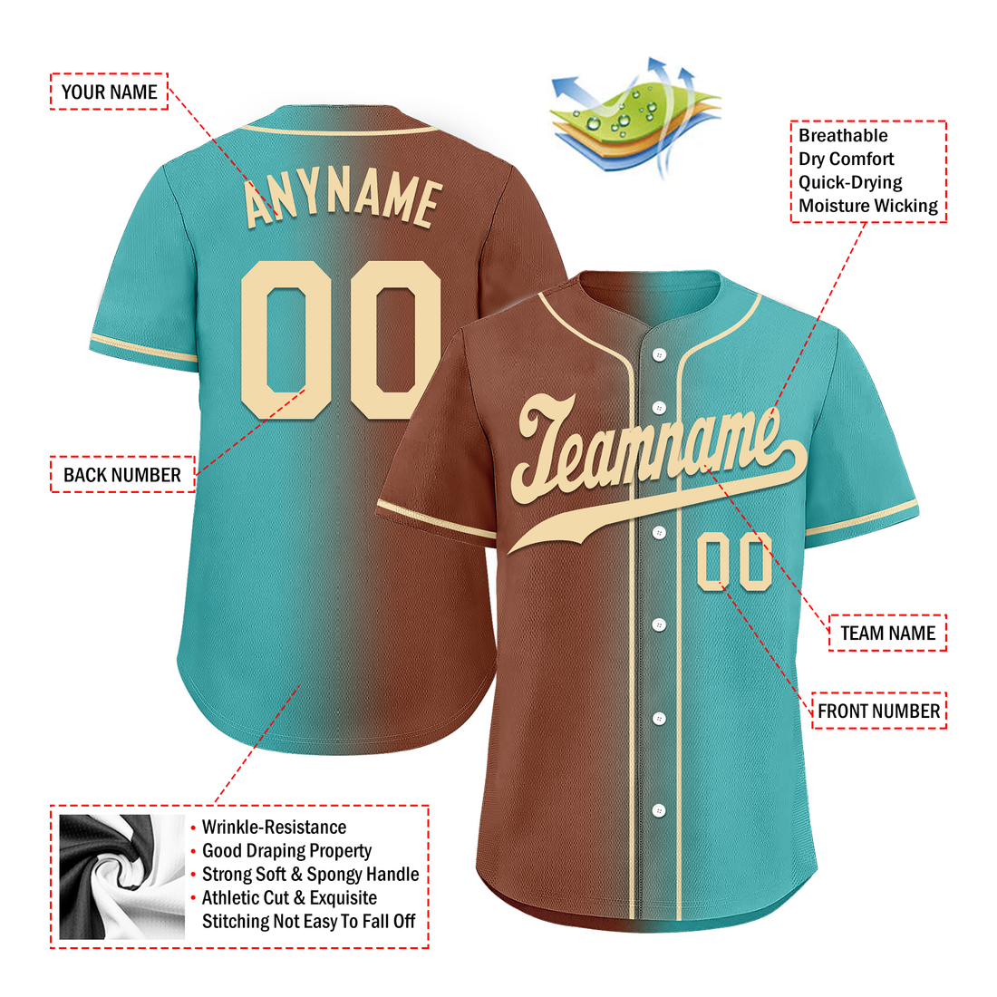 Custom Brown Cyan Gradient Fashion Personalized Authentic Baseball Jersey BSBJ01-D0a7088