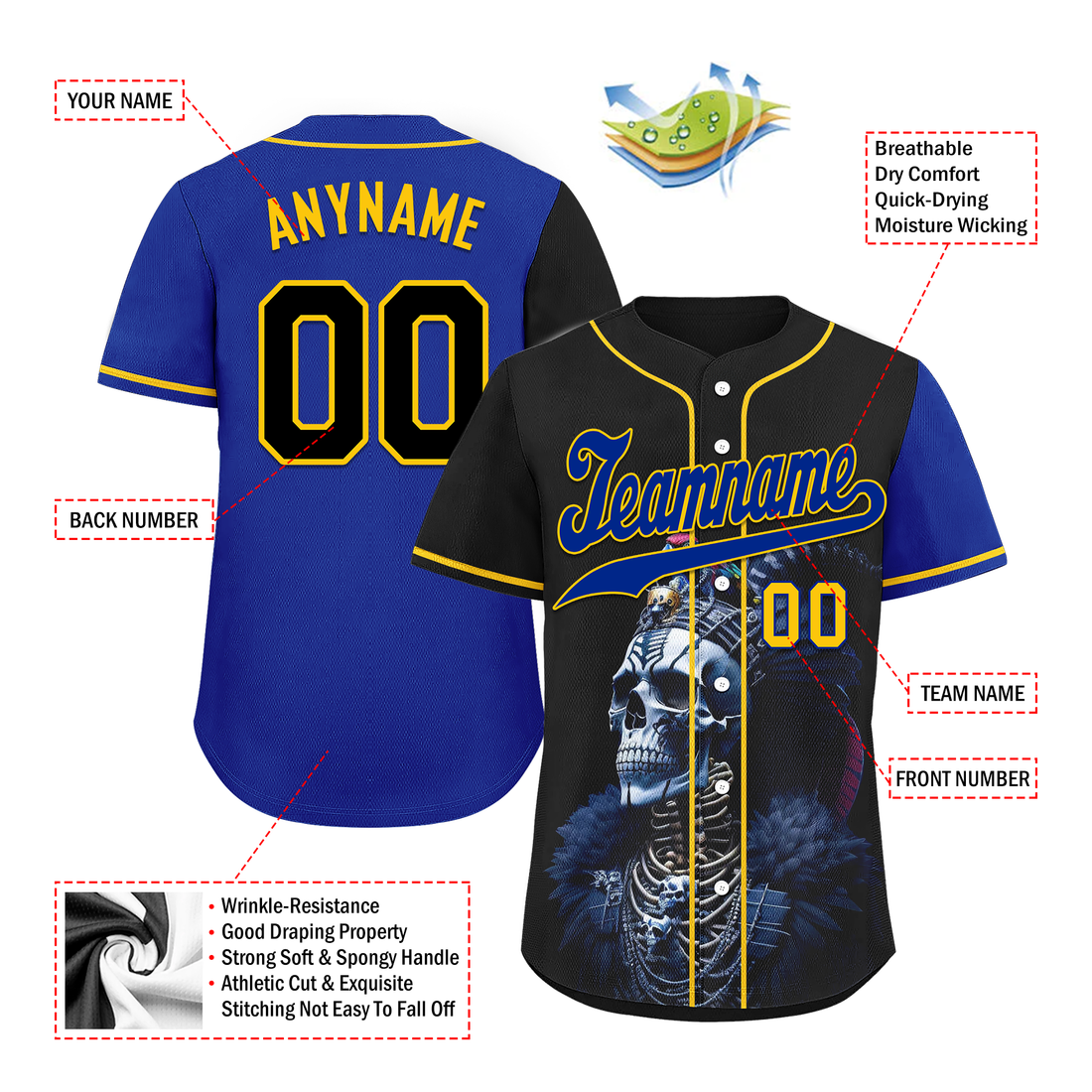 Corporate Gifts,Custom Black Blue Skull Fashion Personalized Authentic Baseball Jersey BSBJ01-D017147