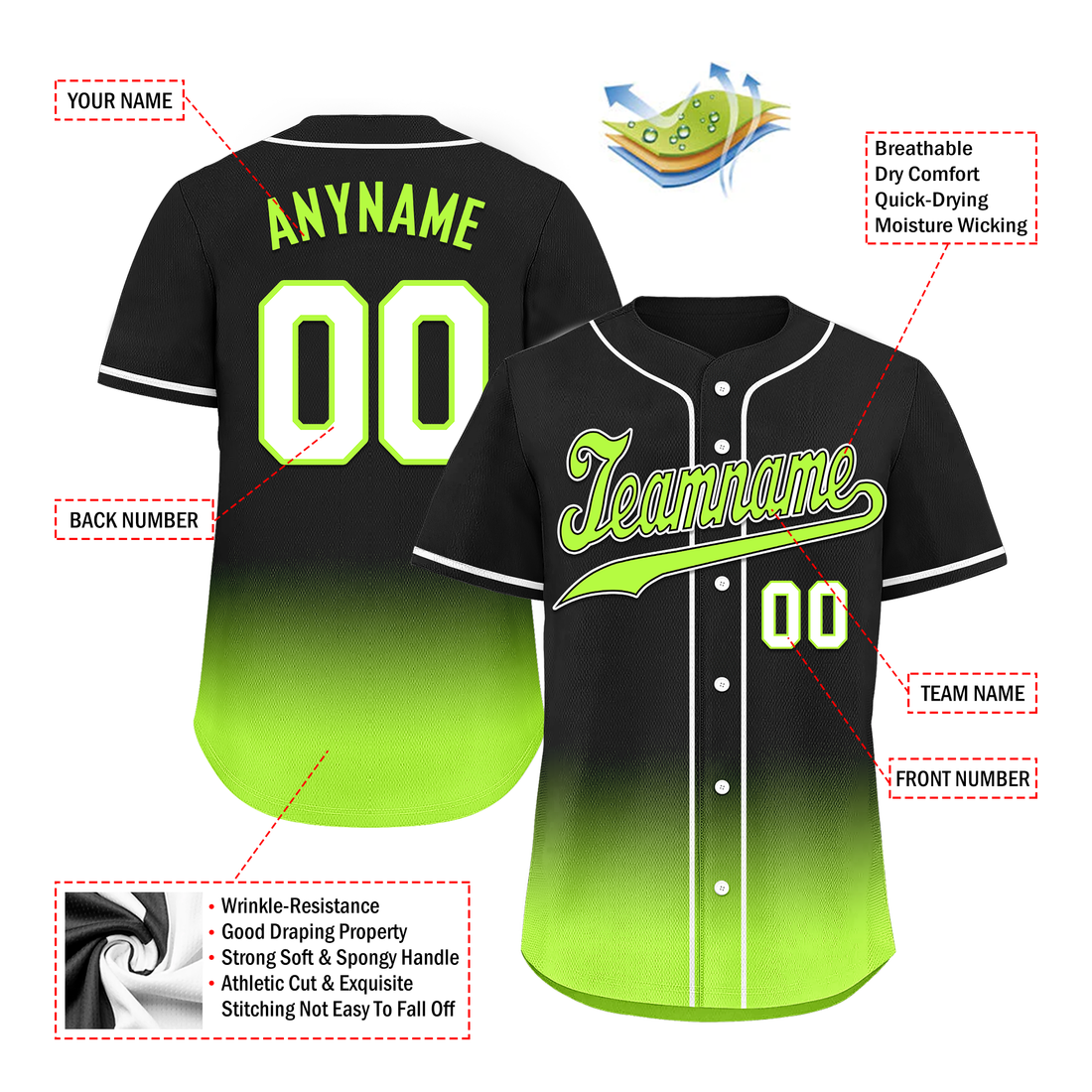 Custom Black Green Fade Fashion Personalized Authentic Baseball Jersey BSBJ01-D0a70e7