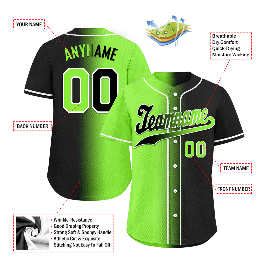 Custom Green Black Gradient Fashion Personalized Authentic Baseball Jersey BSBJ01-D0a709c