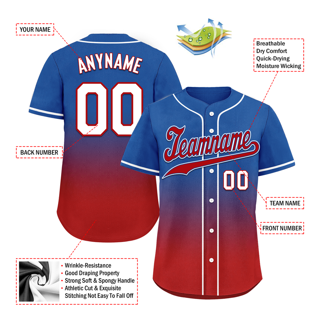 Custom Blue Red Fade Fashion Personalized Authentic Baseball Jersey BSBJ01-D0a70bd