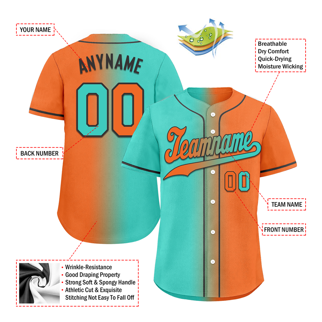 Custom Cyan Orange Gradient Fashion Personalized Authentic Baseball Jersey BSBJ01-D0a7087