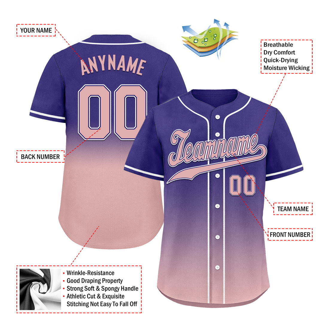 Custom Purple Pink Fade Fashion Personalized Authentic Baseball Jersey BSBJ01-D0a7070