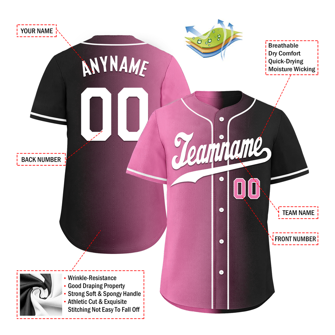 Custom Pink Black Gradient Fashion Personalized Authentic Baseball Jersey BSBJ01-D0a7099