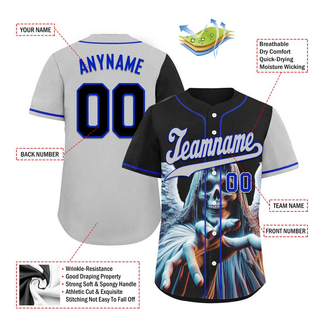 Corporate Gifts,Custom Black Gray Skull Fashion Personalized Authentic Baseball Jersey BSBJ01-D017144