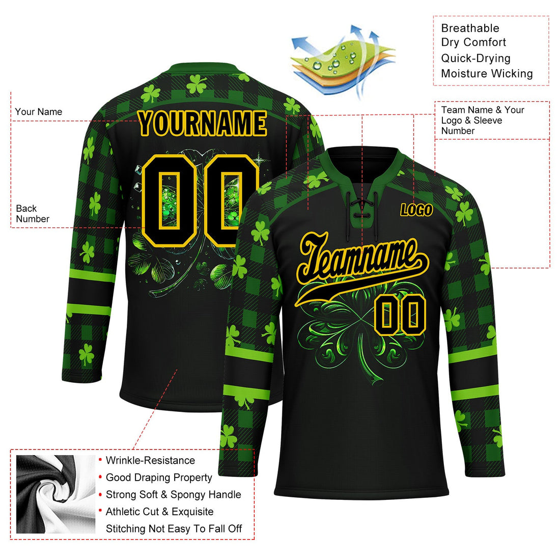 Custom Four-leaf clover Personalized Hockey Jersey HCKJ01-E0615-8