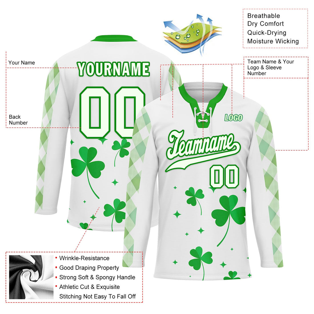 Custom Four-leaf clover Personalized Hockey Jersey HCKJ01-E0615-1