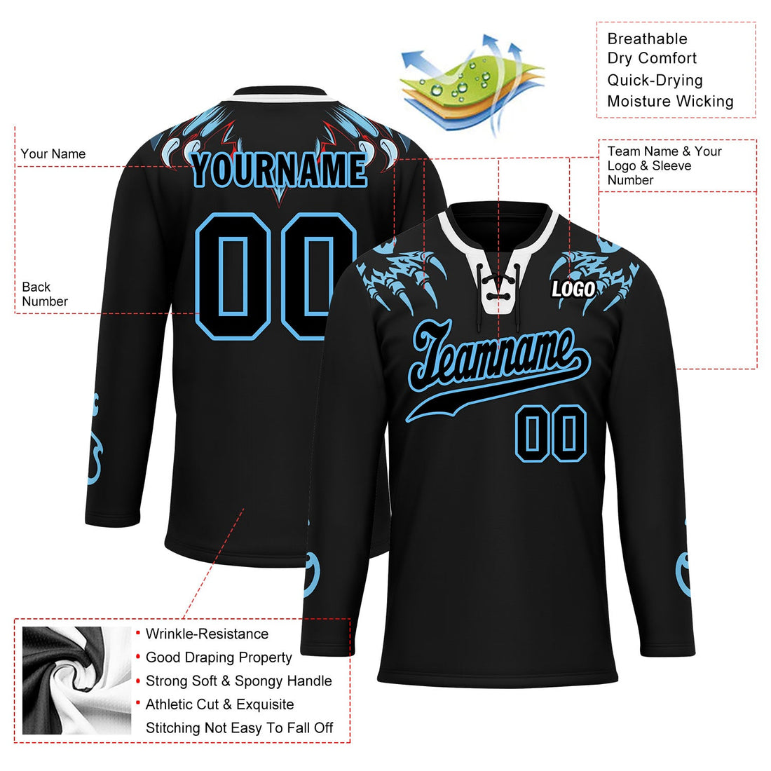 Custom Black Light Blue Gothic Personalized Hockey Jersey HCKJ01-E0601-10