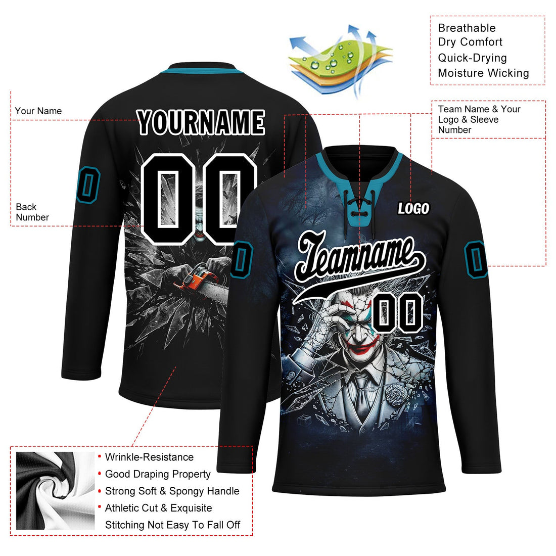 Custom Black White Teal Gothic Personalized Hockey Jersey HCKJ01-E0601-12