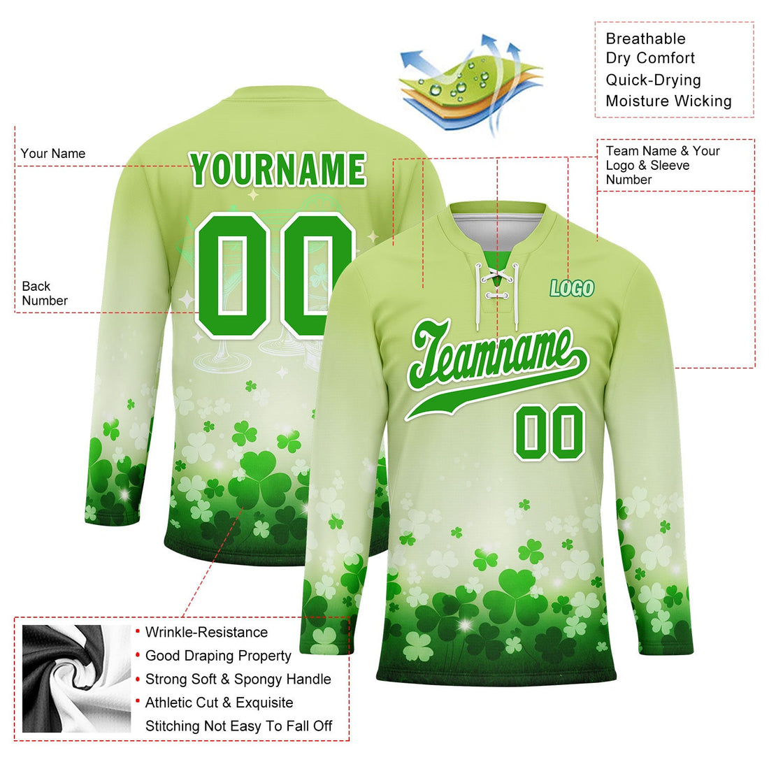 Custom Four-leaf clover Personalized Hockey Jersey HCKJ01-E0615-5