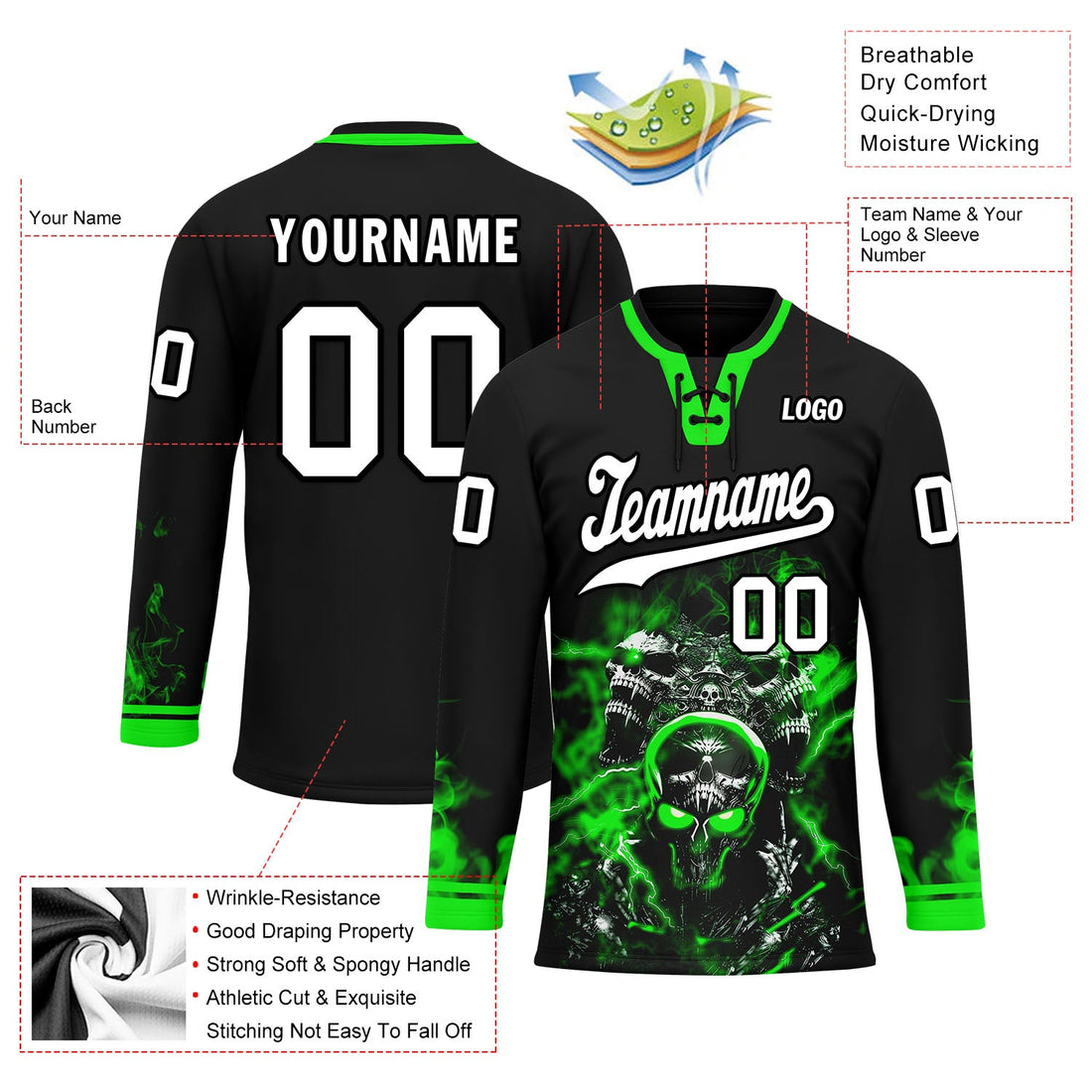 Custom Balck Green Gothic Personalized Hockey Jersey HCKJ01-E0601-01