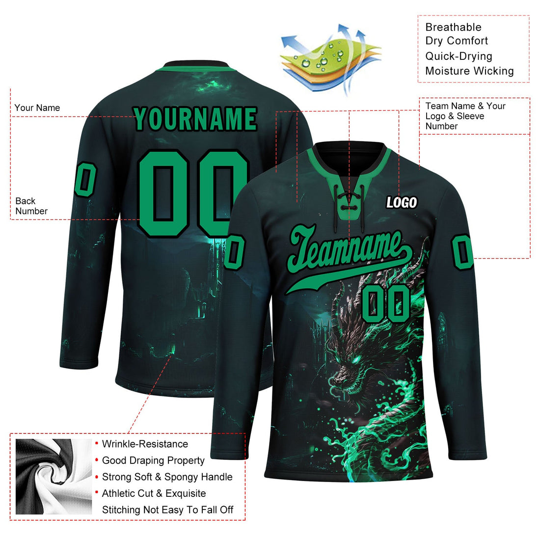 Custom Dark gray Green Gothic Personalized Hockey Jersey HCKJ01-E0601-03