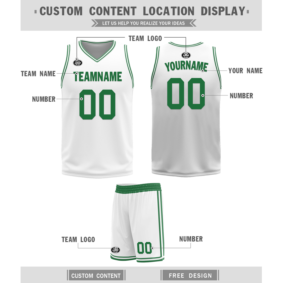 Custom Green White Classic Style Reversible Basketball Uniform Personalized BBJR-D017001