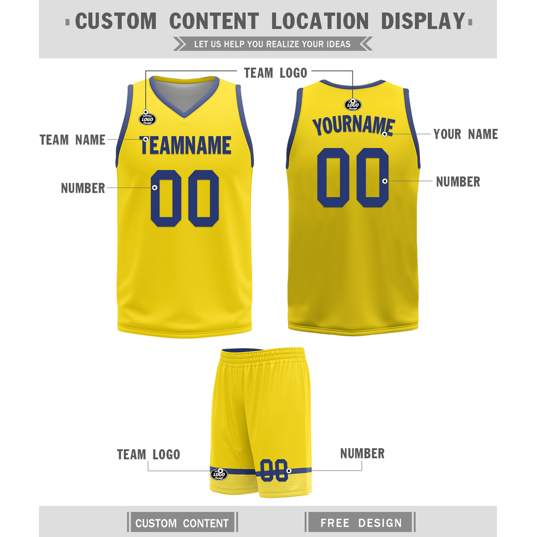 Custom Blue Yellow Classic Style Reversible Basketball Uniform Personalized BBJR-D017003